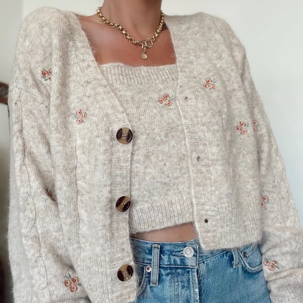 Floral Knit Cardigan Set Beige - New - Picture 3 of 9